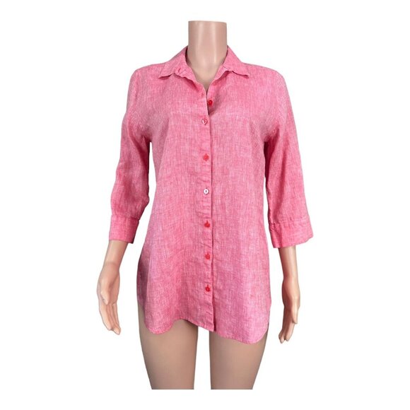 Chicos Womens Red 100% Linen No Iron Button Up Tunic Top Size 0 US S 3/4 Sleeve - Picture 2 of 15